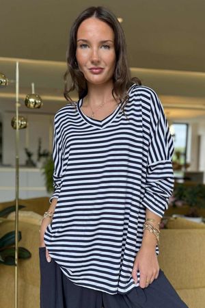 Made in Italy Perfect Breton V Long Sleeve Top Navy - ** 
